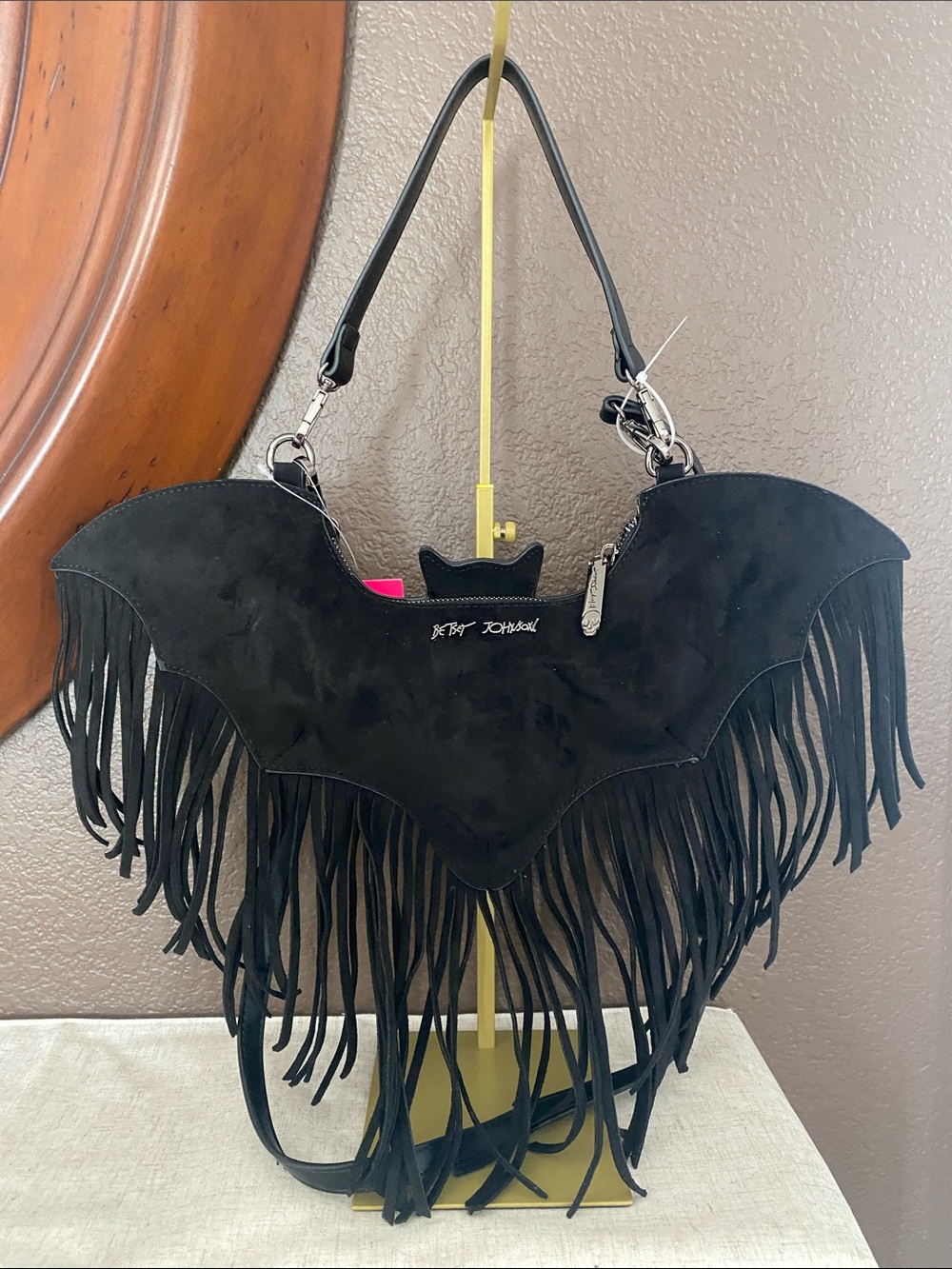 Betsey Johnson Black Suede Bat Fringe Shoulder Bag